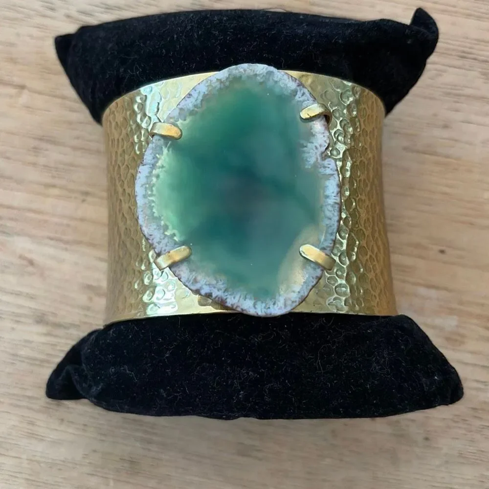 Statement cuff bracelet hammered, gold, and green agate stone